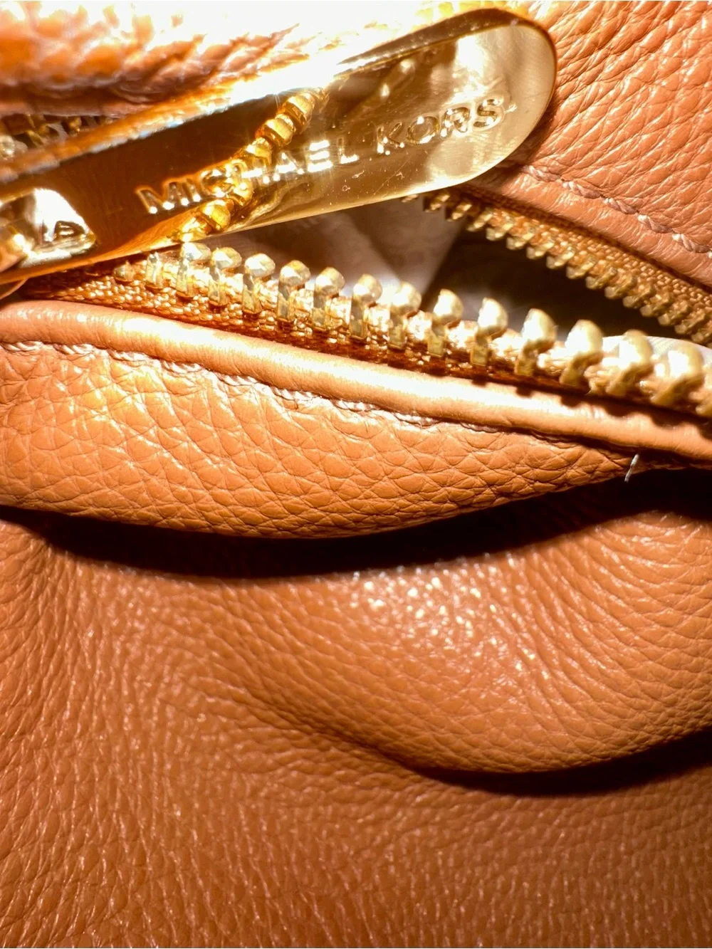 Michael Kors Cognac Leather Shoulder Bag with Gold MK Emblem